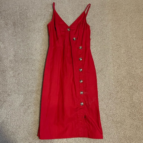Express Asymmetrical Button Front Midi Dress in Red - Picture 4 of 5